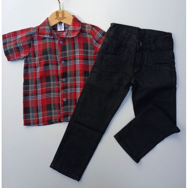 Conjunto Infantil Masculino Camisa Xadrez Flanelada + Calça Jeans Roupa Festa Junina São João Menino
