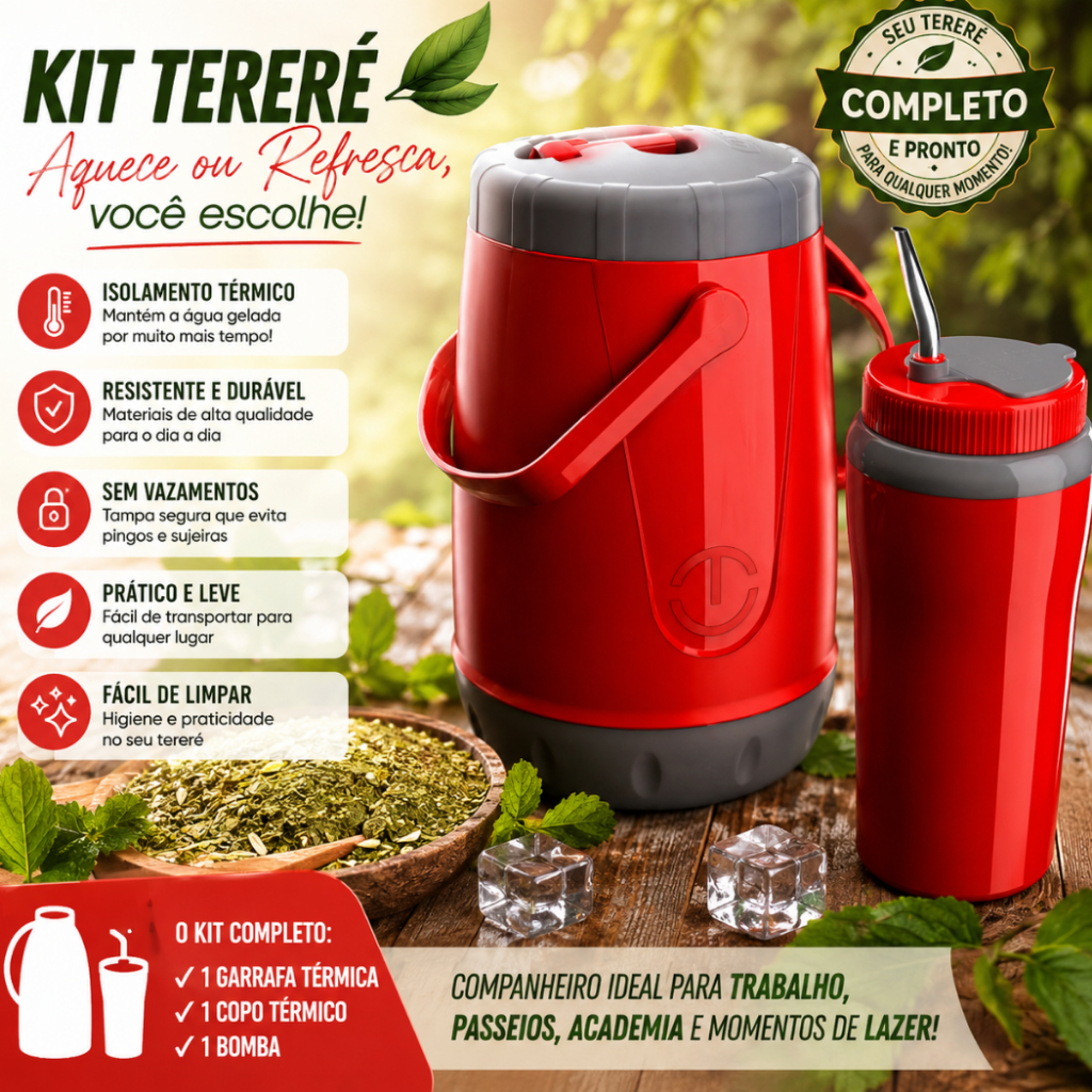 Kit Tererê Térmico Completo Unitermi  Vermelho Cuia Copo Bomba Inox Garrafa Térmica Jarra  Mate Erva Tererê bebidas
