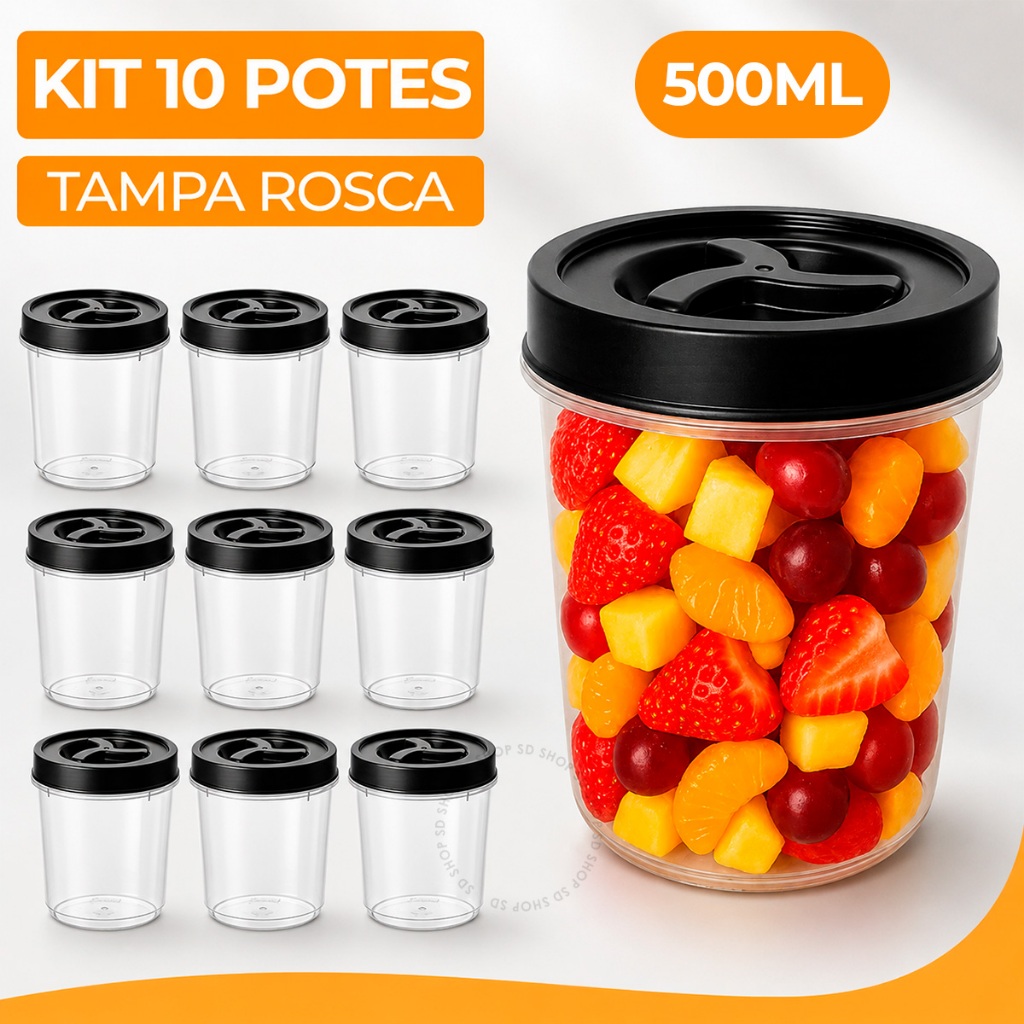 Kit 10 Potes Redondo 500ml Tampa Rosca Preta Transparente BPA Free Tempero Mantimentos Doce Comidas