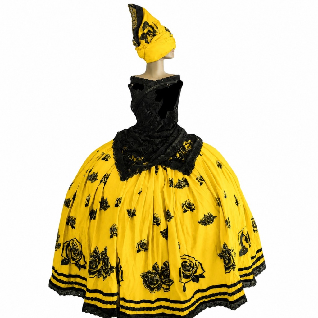 POMBOGIRA CIGANA, ROSA NEGRA, MESTRA JUREMA, SETE SAIAS - CONJUNTO POMBOGIRA AMRELO COM FLORES EM PREOT