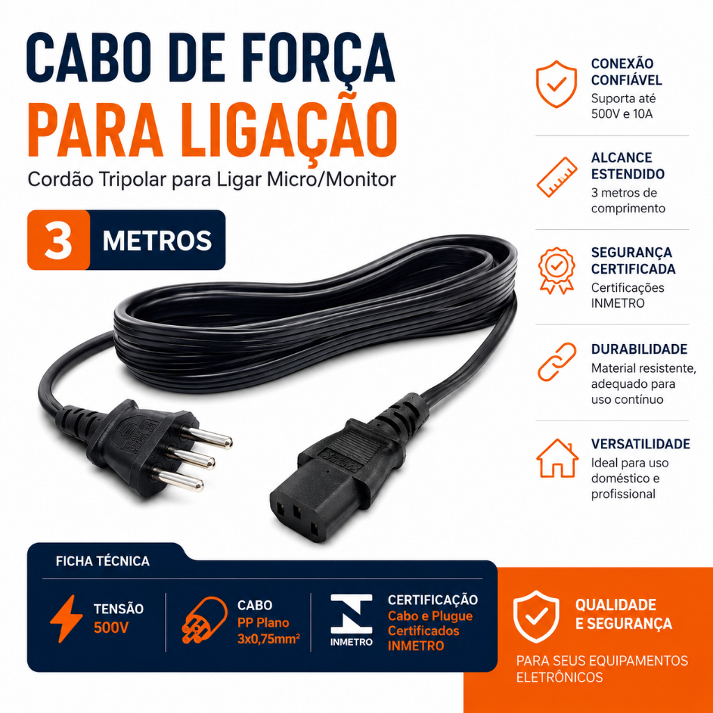 Imagem Cabo de força fonte tripolar 3 metros para Computador Cpu Monitor Televisão Force Line