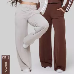 Kit 2 Calças Femininas Moletinho Peluciado Wide Leg Reta Cós Alto com Bolso