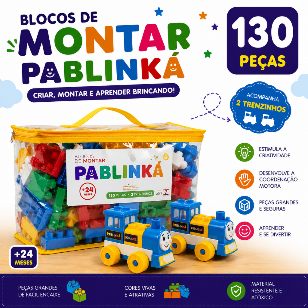 Blocos de Montar Didáticos 130 Peças com 2 Trenzinhos