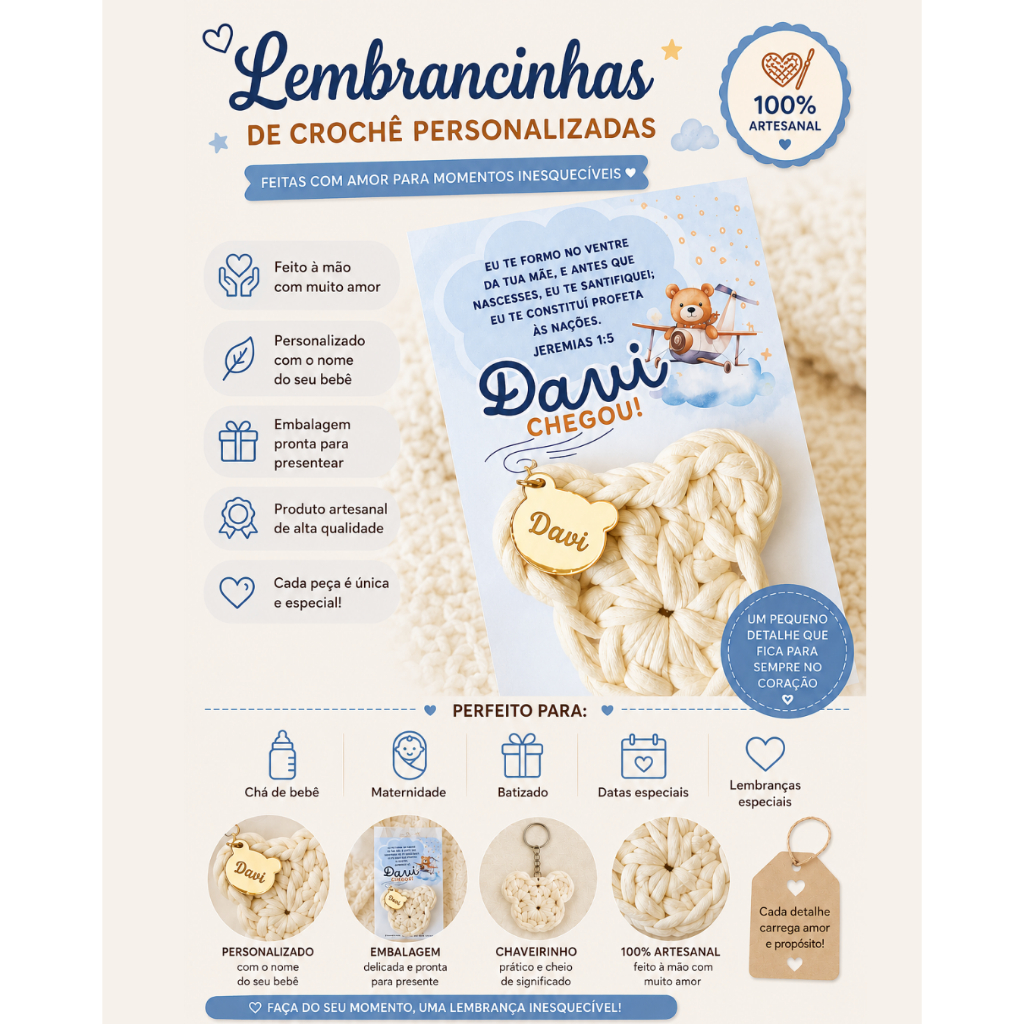 Chaveiro Ursinho Lembrancinha de Crochê Personalizada para Chá de Bebê | Brinde para Maternidade, Batizado