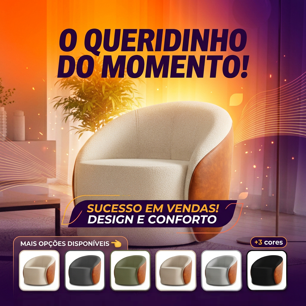 Poltrona Sala Decorativa Giratória Orgânica para Quarto Lua Sintético PU Corano Nozes/Bouclê