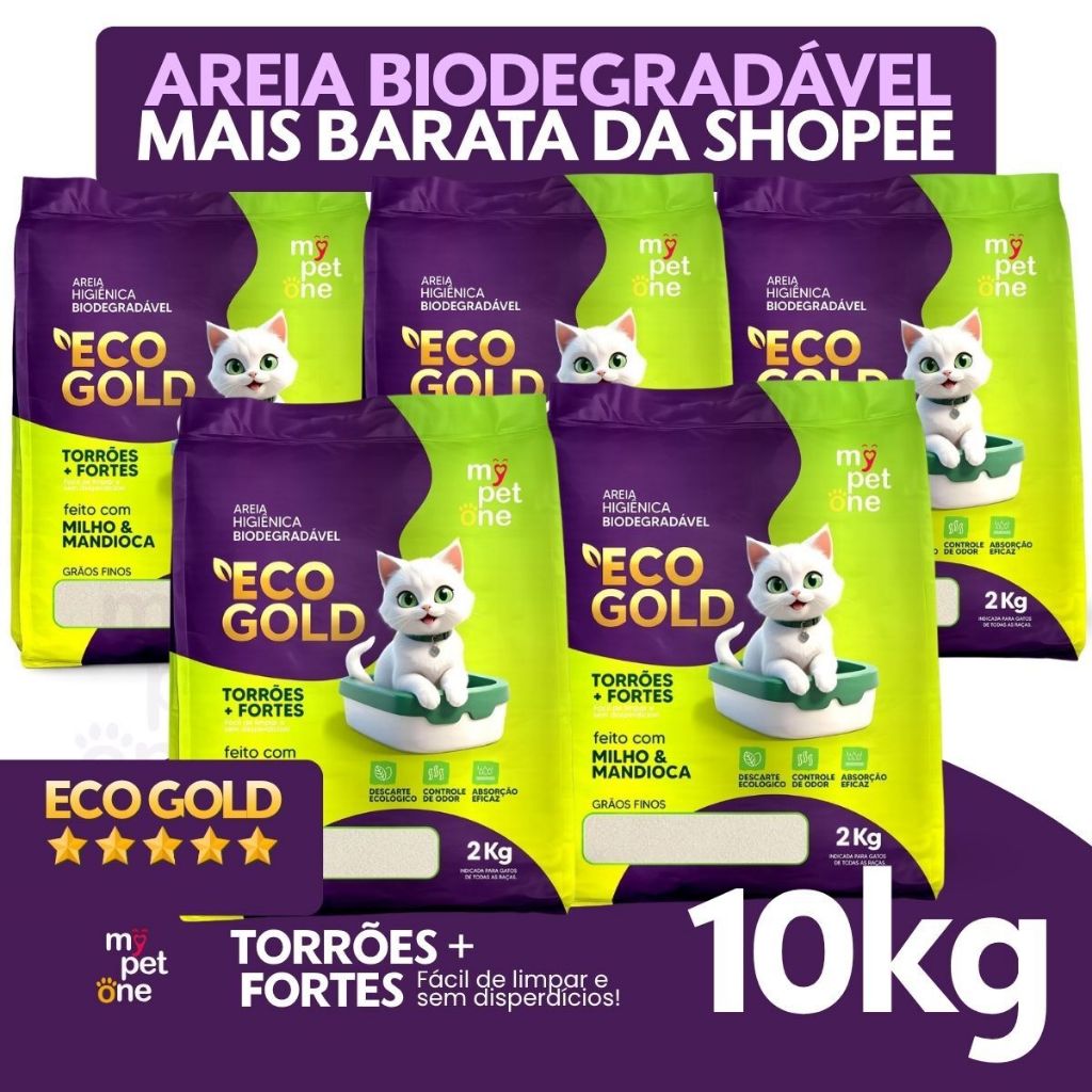 Kit 5 Areia Biodegradável Gatos Bio Gold Fina MyPetOne - 10Kg