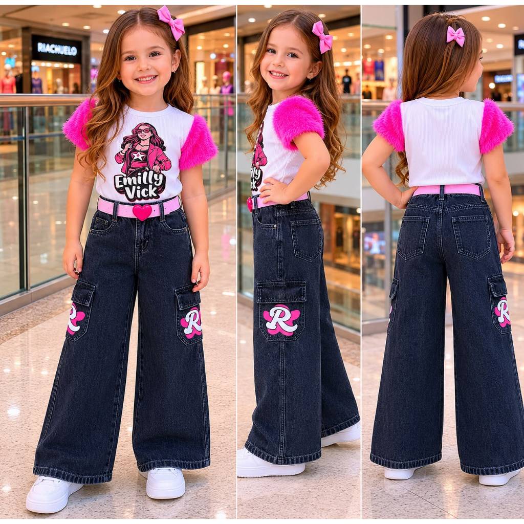 Calça Jeans Wide Leg Cargo infantil