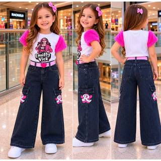 Calça Jeans Wide Leg Cargo infantil
