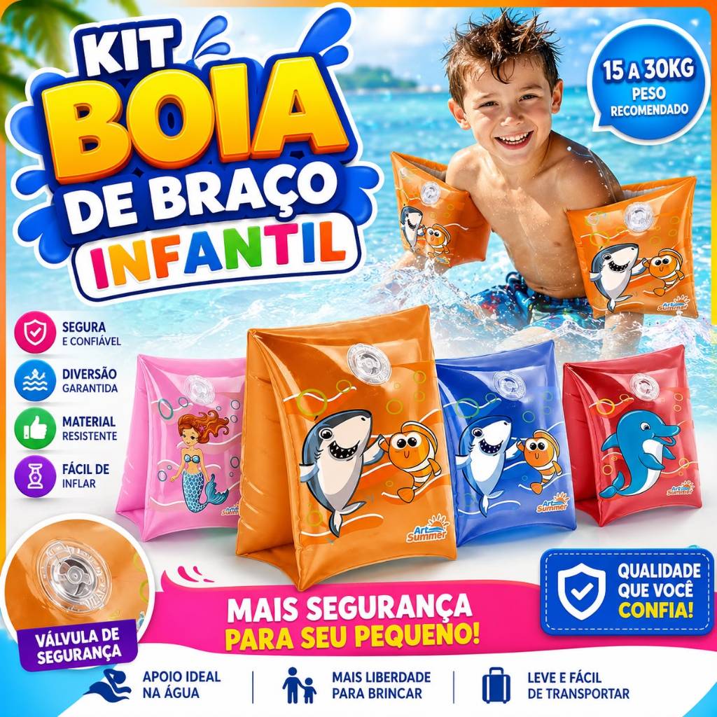 Kit 2 pares Boia de Braço Infantil Piscina Mar Verão Praia 15 a 30kg Praia Verão Menina e Menino