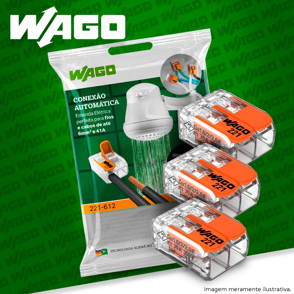Conector Wago 6mm Chuveiro 41A 221-612 Emenda Rápida Original 2 Polos 3 Peças  chuveiros até 7500W