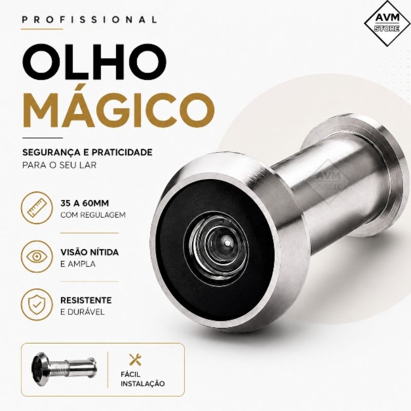 Olho Magico 200° Cromado 35mm a 60mm Visor para Portas e Portões Regulável Segurança Residencial