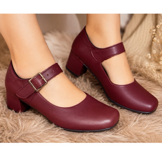 Sapato Boneca Feminino Marsala Salto Grosso Confortável Casual e Social — imagem 2 de 2