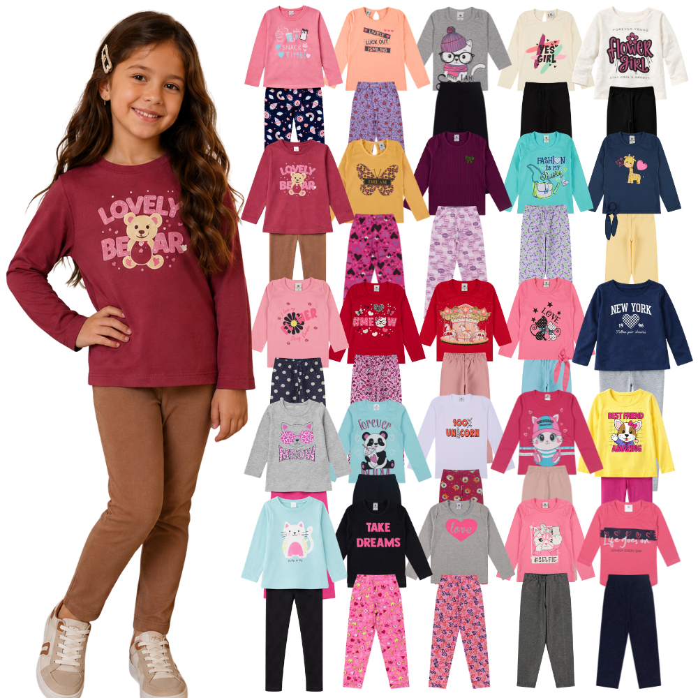 Kit 6 Peças Conjunto Meia Estação Menina do Tamanho 1 a 10 Anos | Blusa + Calça Legging Infantil |Roupa Infantil Inverno