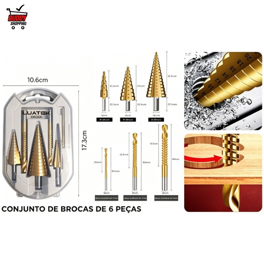 Kit Brocas Escalonadas HSS Titânio Jogo 6 Peças Para Metal Madeira Furadeira Com Estojo