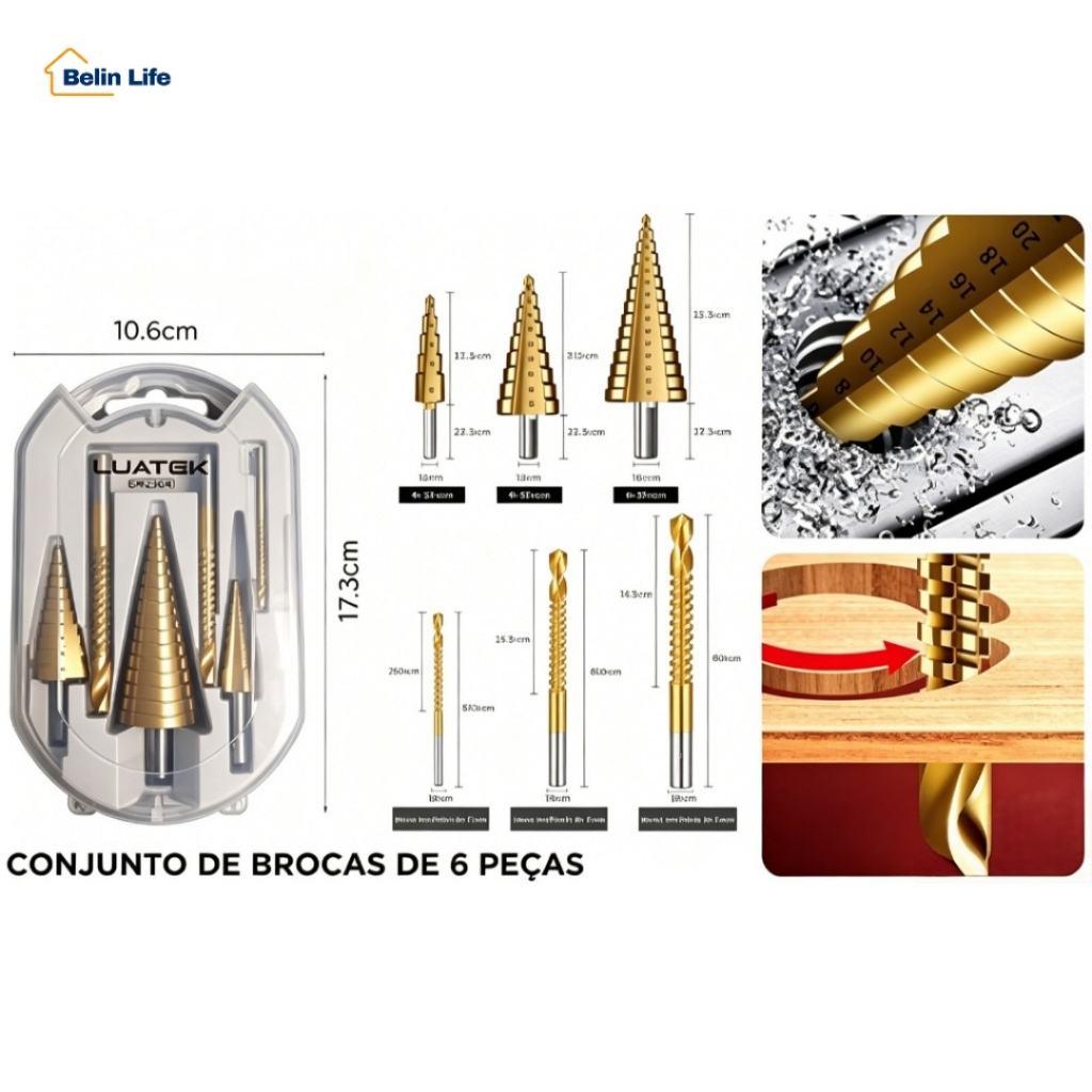 Jogo De Brocas Escalonadas HSS Titânio 6 Peças Kit Furadeira E Parafusadeira Metal Madeira