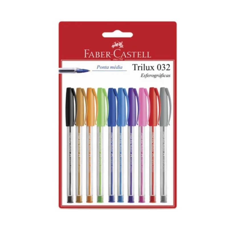 Kit Canetas Coloridas Esferográficas Faber-Castell Trilux Colors Com 10 Cores, Multicor Faculdade Escolar Premium