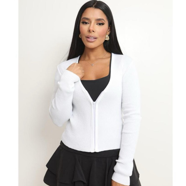 Cardigan slim em malha Canelado Jaqueta com zíper justo Tricot Casaquinho Blusa Feminina Manga comprida aberta elegante
