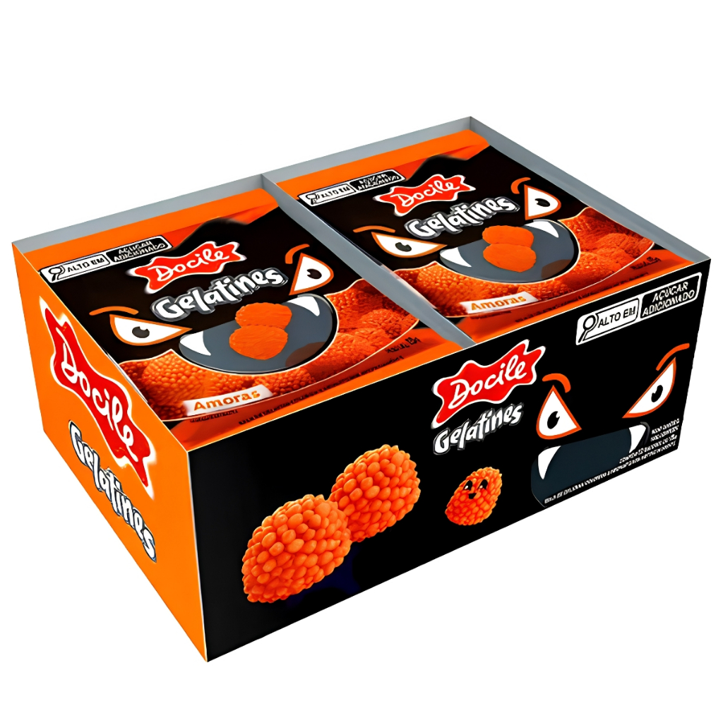 Display Docile Balas de Gelatines Mini Amoras Halloween C/12 Unidades de 15g Cada