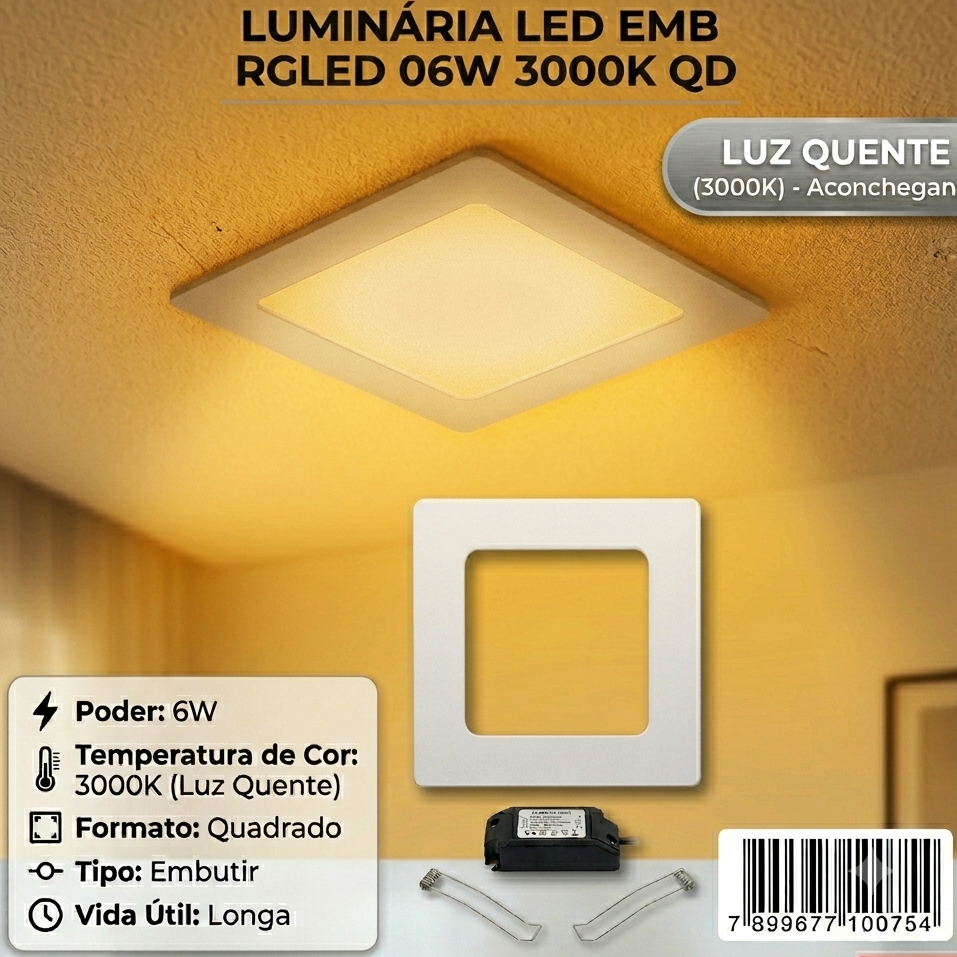 Luminária LED de Embutir Quadrada 6W 3000K (Luz Amarela/Quente)