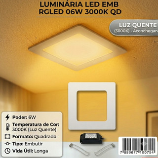 Luminária LED de Embutir Quadrada 6W 3000K (Luz Amarela/Quente)