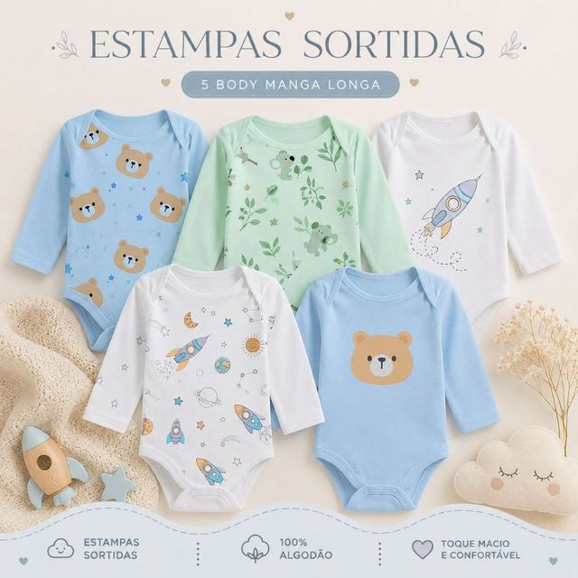 Kit Roupa Para Bebê 5 Peças Body Várias Estampas Manga Longa