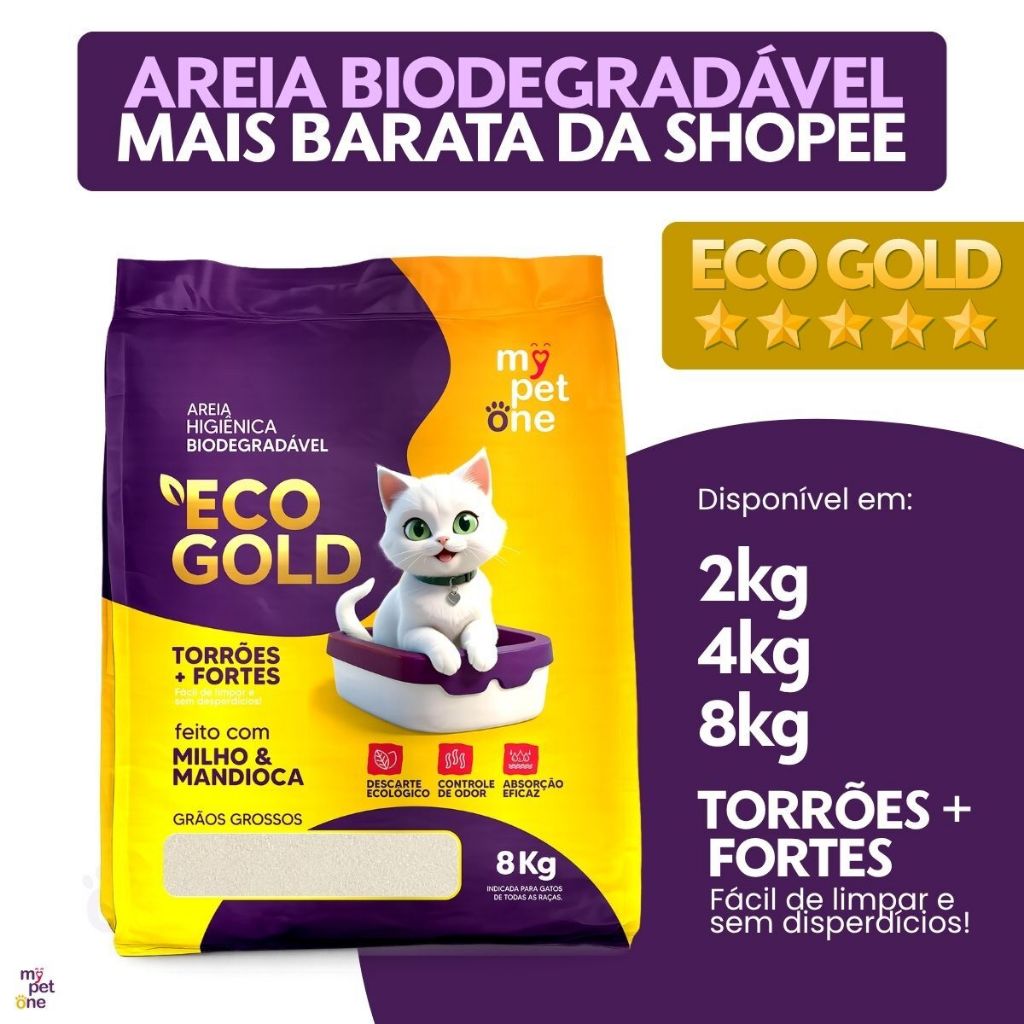 Areia Biodegradável Milho e Mandioca para Gatos Cat Bio Eco Gold Grãos Grossos MyPetOne - 2Kg 4kg 8kg