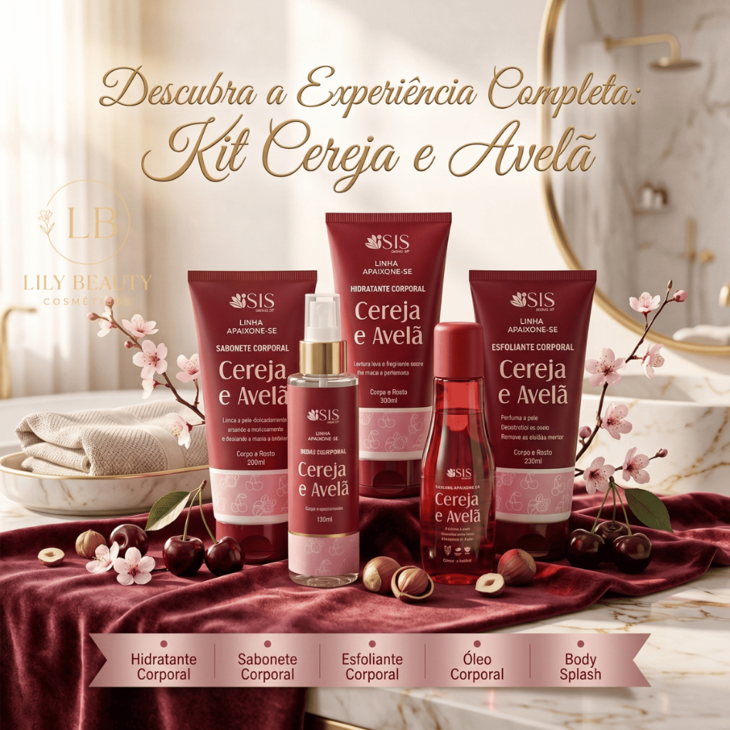 Kit Banho Premium Sabonete, Hidratante, Body Splash, Esfoliante e Óleo Cereja e Avelã Isis Makeup