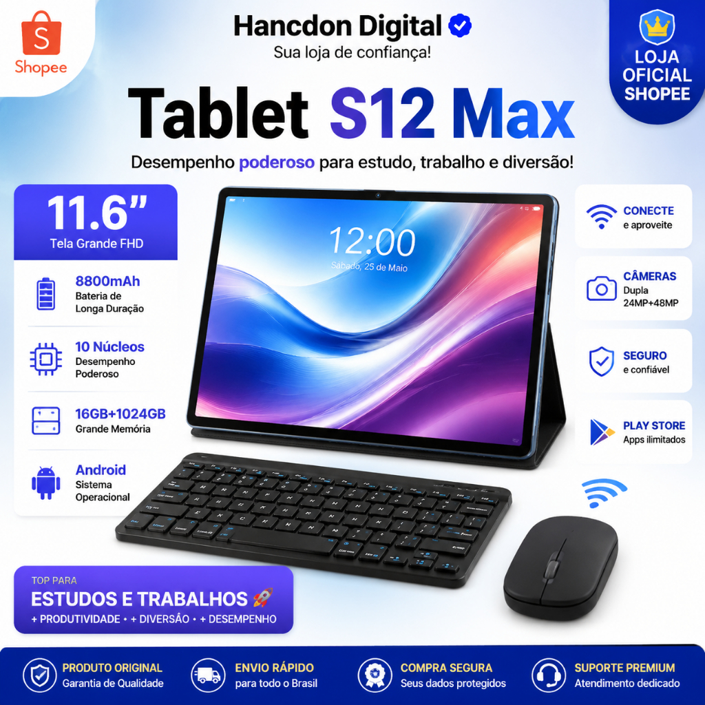 【Teclado e mouse grátis】Tablet S12Max 16GB +1024GB 11,6 polegadas HD Dual SIM Dual Core 10000mAh Android15 5G
