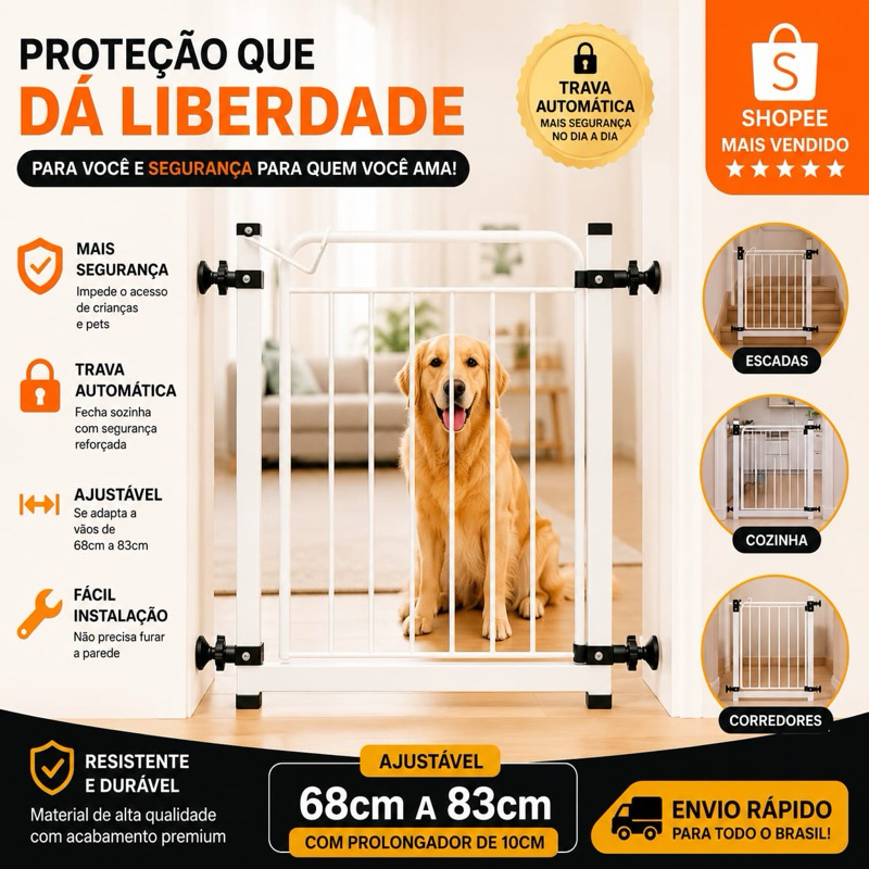 PORTÃO DE PROTEÇÃO PET COM TRAVA DE SEGURANÇA BRANCO E PRETO MULTIUSO