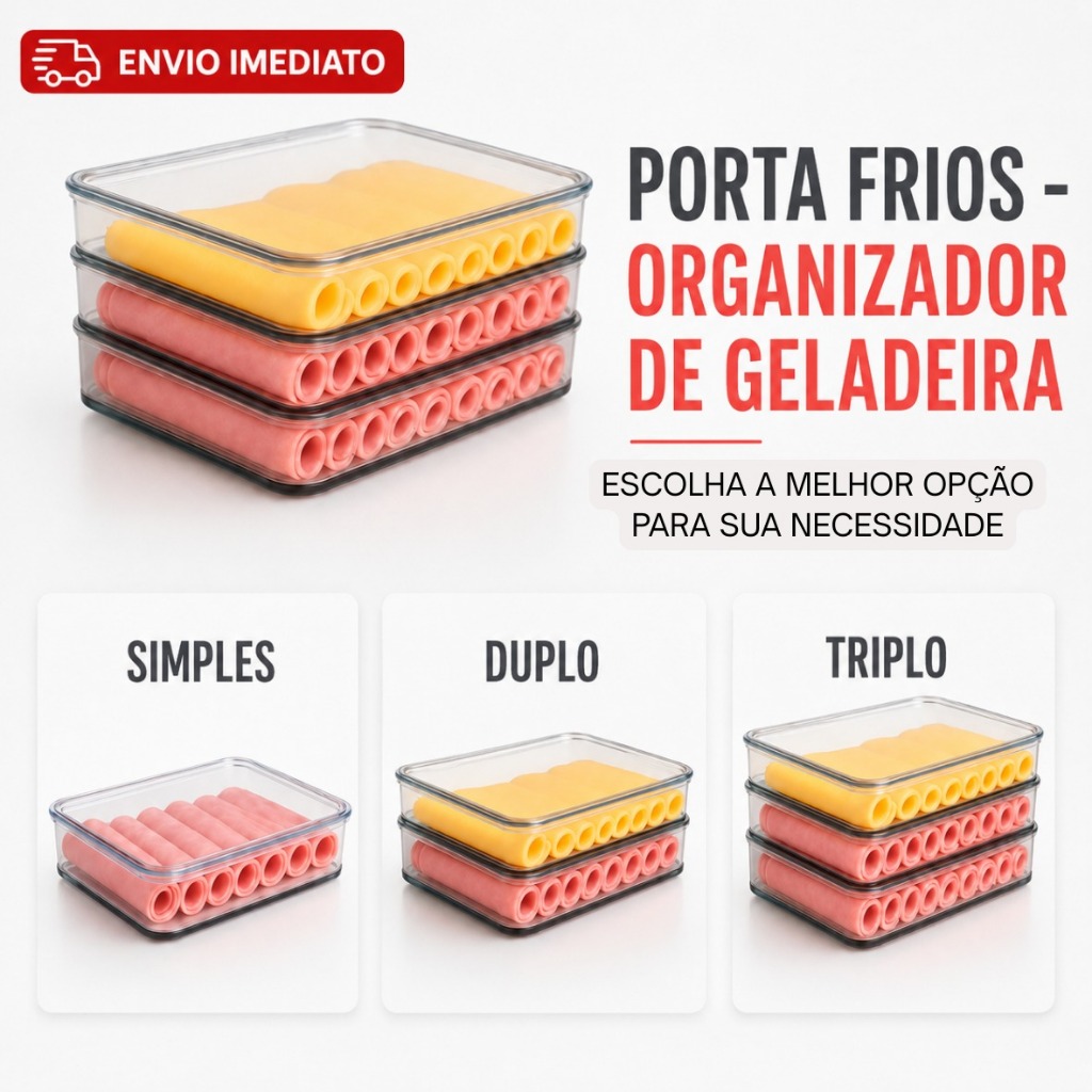 Porta Frios Com Tampa Tres Duplo Hermético Organizador Geladeira Acrílico Empilhável Presunto Queijo