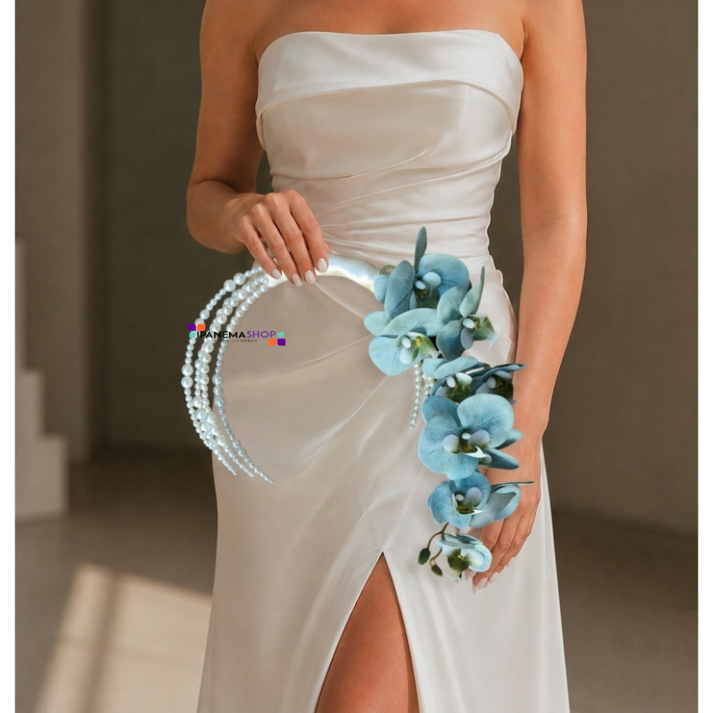 Buquê Tipo Bolsa de Noiva com Orquídea Azul e Pérolas Hoop Bouquet - Buquê Moderno