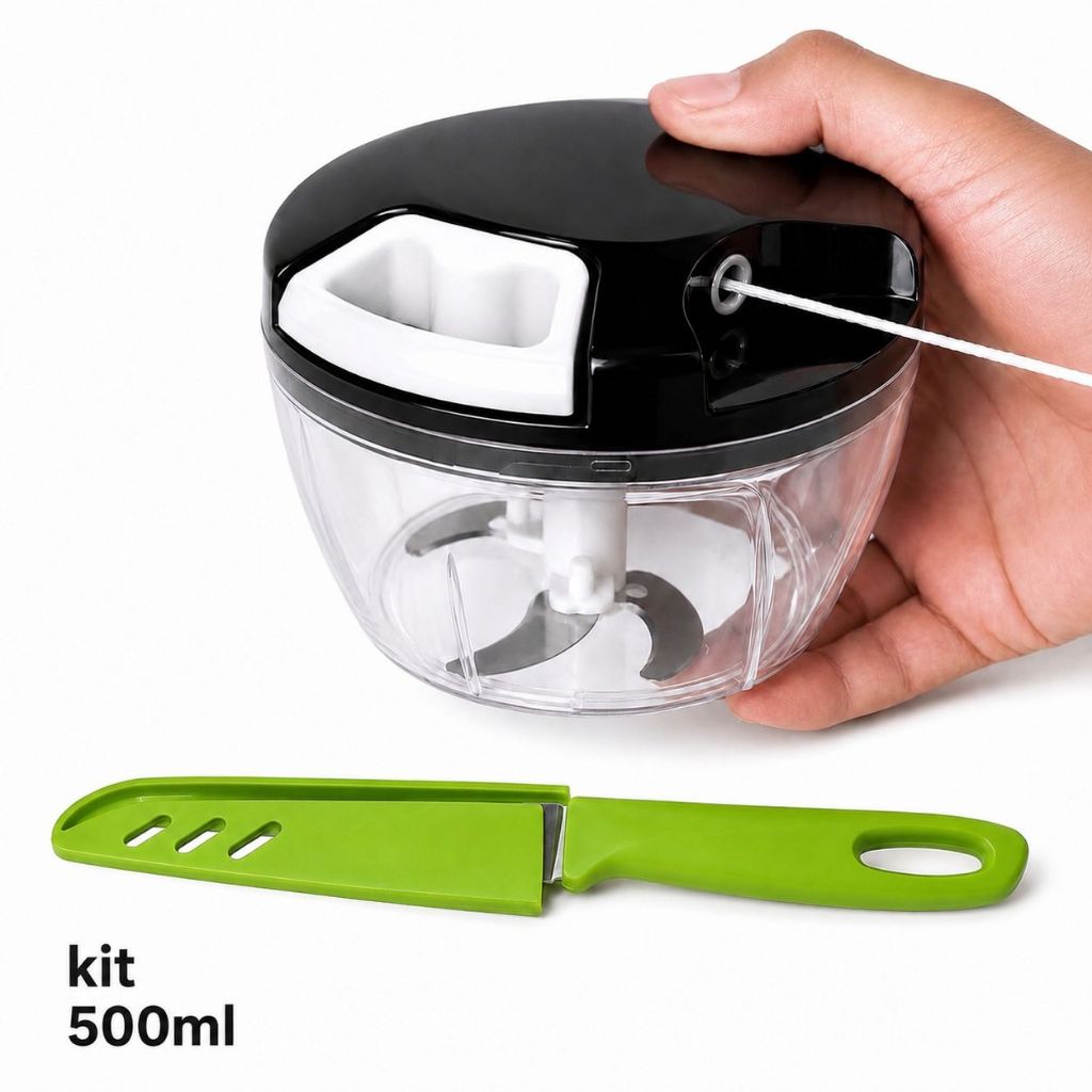 Kit Triturador Manual de Alimentos 500ml 3 Lâminas Aço Inox + Faca de Cozinha com Capa Protetora Grande Pratico