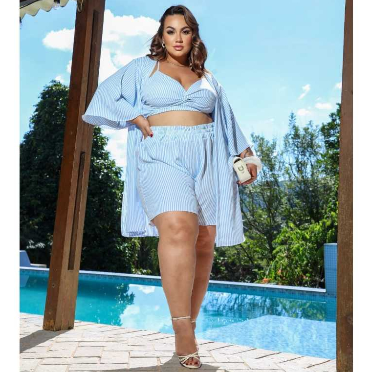 Conjunto Plus Size Feminino 3 Peças Listrado Kimono + Cropped + Short Verão Elegante