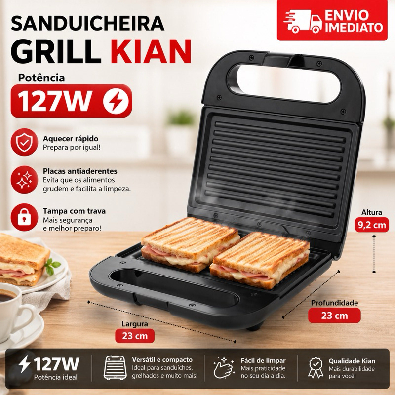 Sanduicheira Grill Eletrica e Sandwich Kian Preto 750W - 127V Mixto Quente 23cm x 23cm Inox Kian