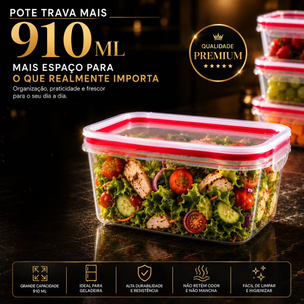 Kit Potes Herméticos Marmitas 910 ML Organizadores Cozinha Geladeira C/ Travas Alimentos Porta Frios