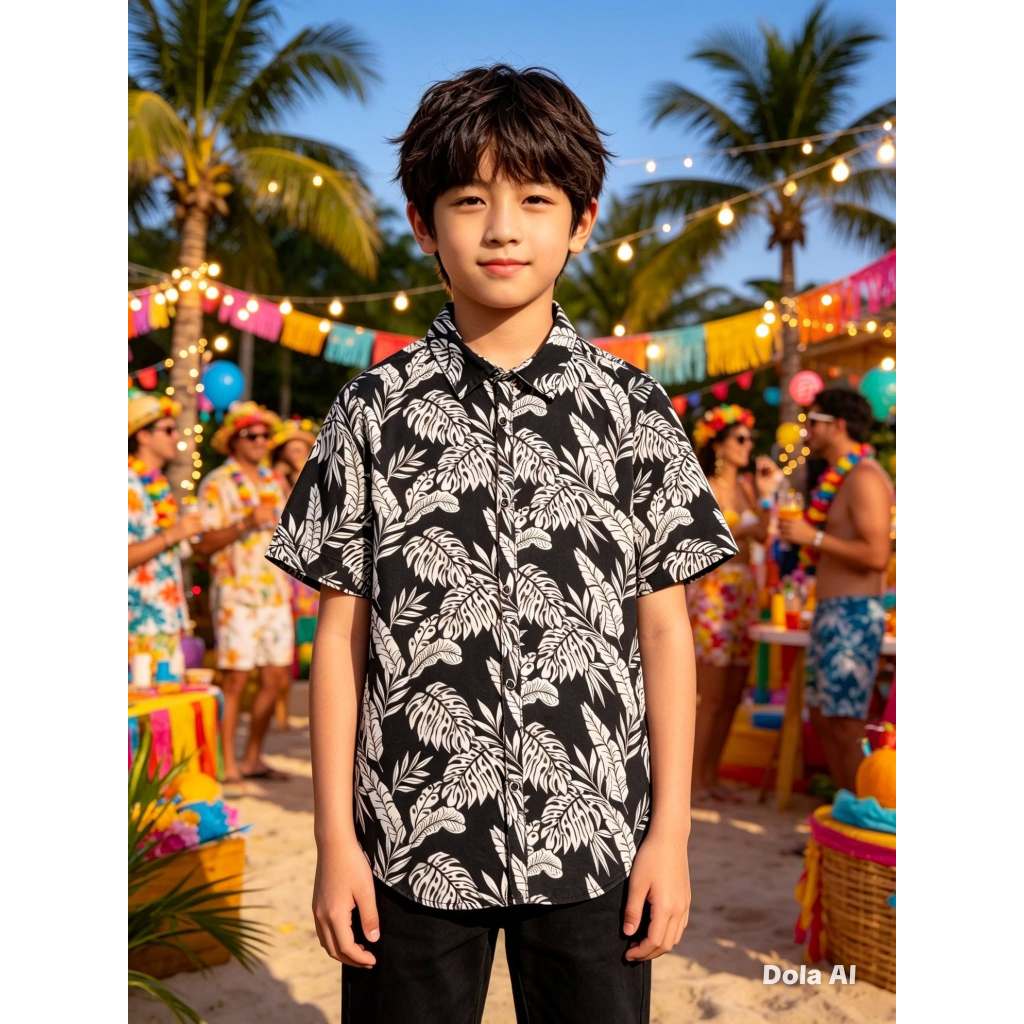 Camisa Infantil Masculina, Modelo Manga Curta, Algodão, Estampa Botânica Preto e Branco, Tam: 9/10, Marca: Dmbauer