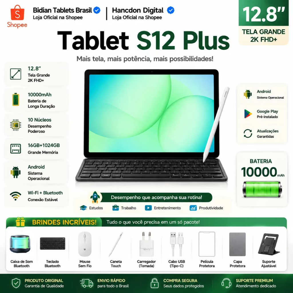 【Teclado e mouse gratuitos】Tablet S12 Plus 12.8 polegadas HD Android 16 RAM +1024GB 12GB coFunda Cor CinzaEscuro 10000mA