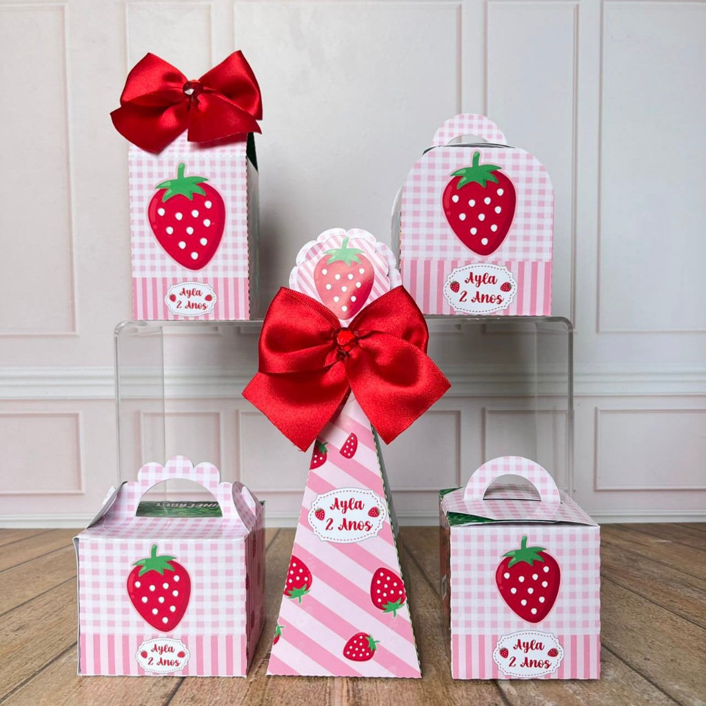 Kit Caixinhas Personalizadas Tema Moranguinho + BRINDE | Lembrancinhas para Festa e Aniversário