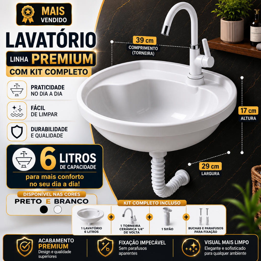 Pia Lavatório de Banheiro 6 L + Kit Instalação Completo C/Torneira, Sifão, Válvula Acoplada