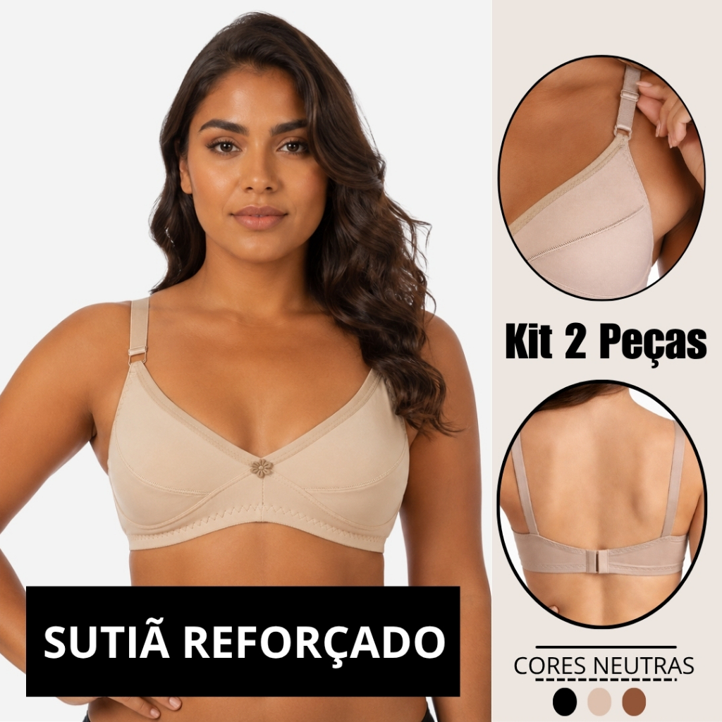 Kit 2 Sutiã Reforçado Sustentação Microfibra Sem Bojo Sem Aro Alças Largas Macio Antialergico