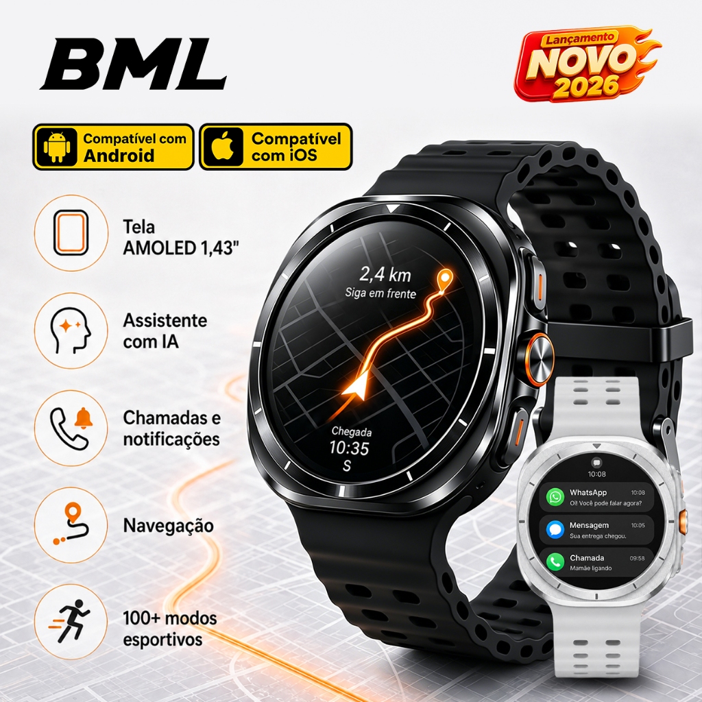 Relógio Smartwatch 38mm Tela AMOLED Relogio Inteligente com NFC GPS Tela AMOLED Monitoramento Saúde e Esportivo