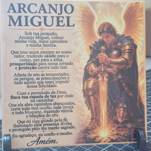 Azulejo Decorativo Oração São Miguel Arcanjo 15x15cm Com Suporte Religioso