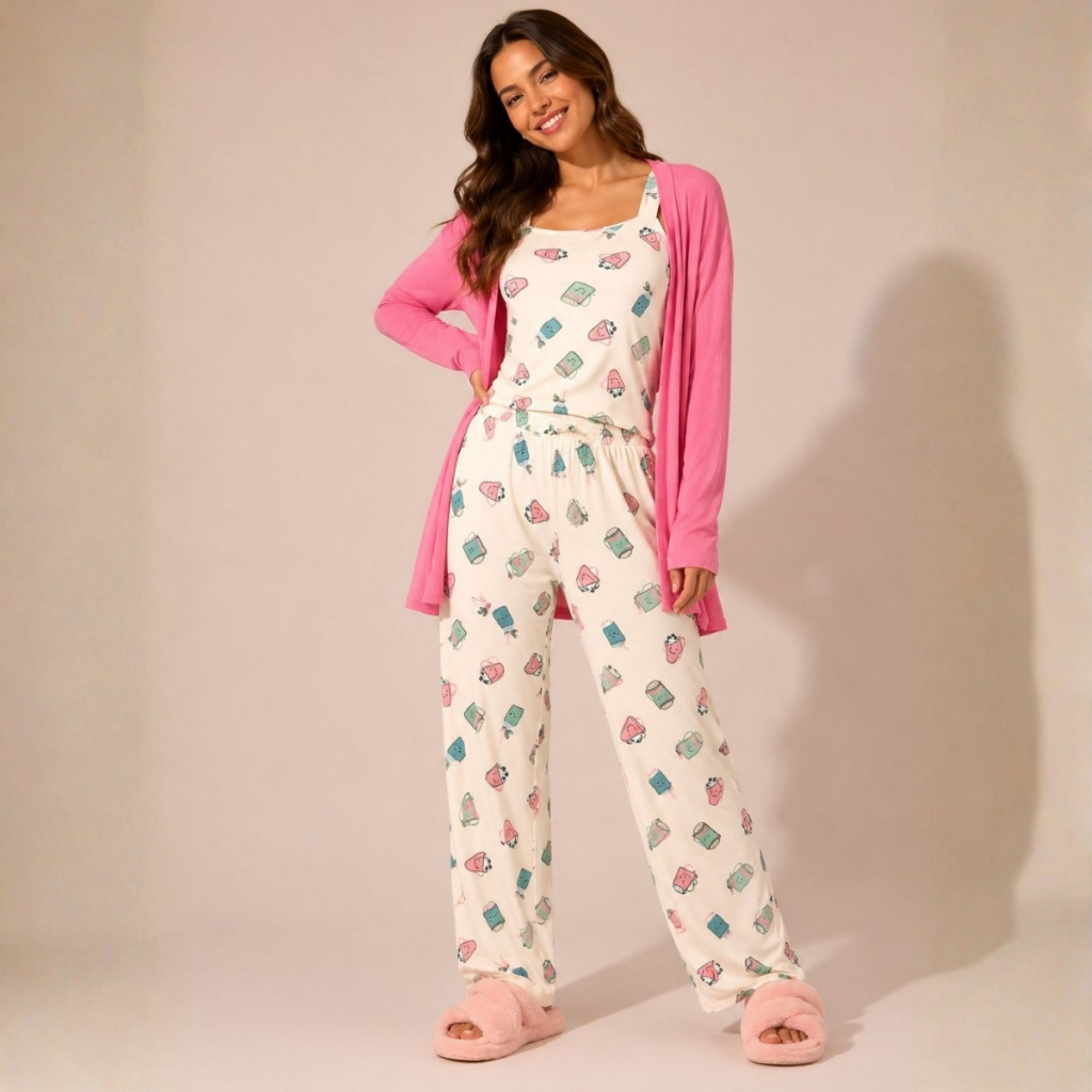 Conjunto Feminino 3 Peças Viscose Calça Regata Casaco Confortável e Elegante