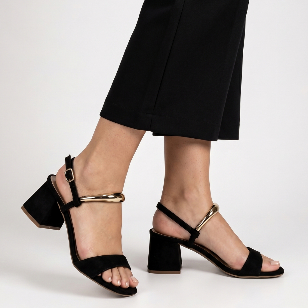 Sandalia Feminina Salto Bloco 4,5cm Fivela Enfeite Dourado Conforto Elegante Casual Festa Trabalho