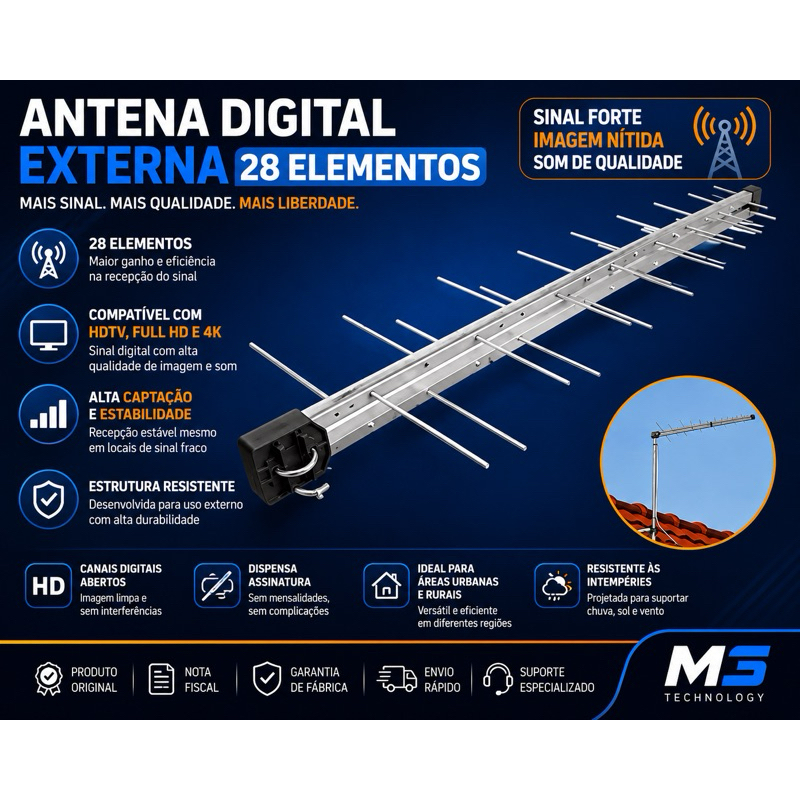 Antena Digital Externa Log 28 Elementos 4K Full HDTV Uhf