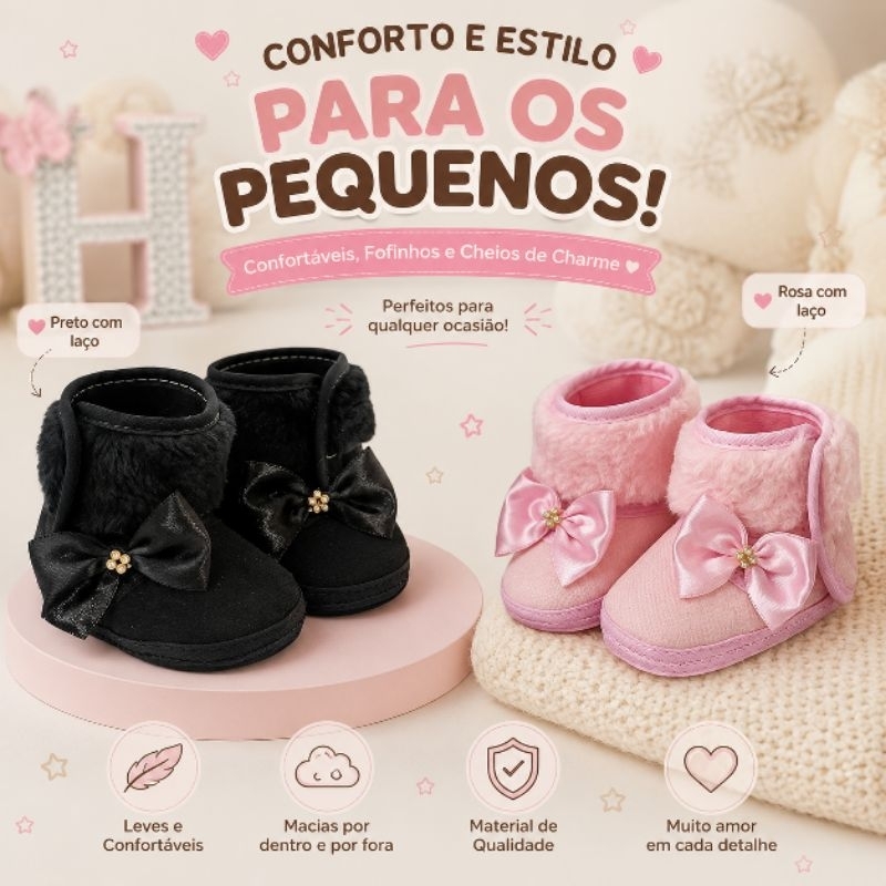 Botinha Bebê com Pelinho e laço calça fácil menina