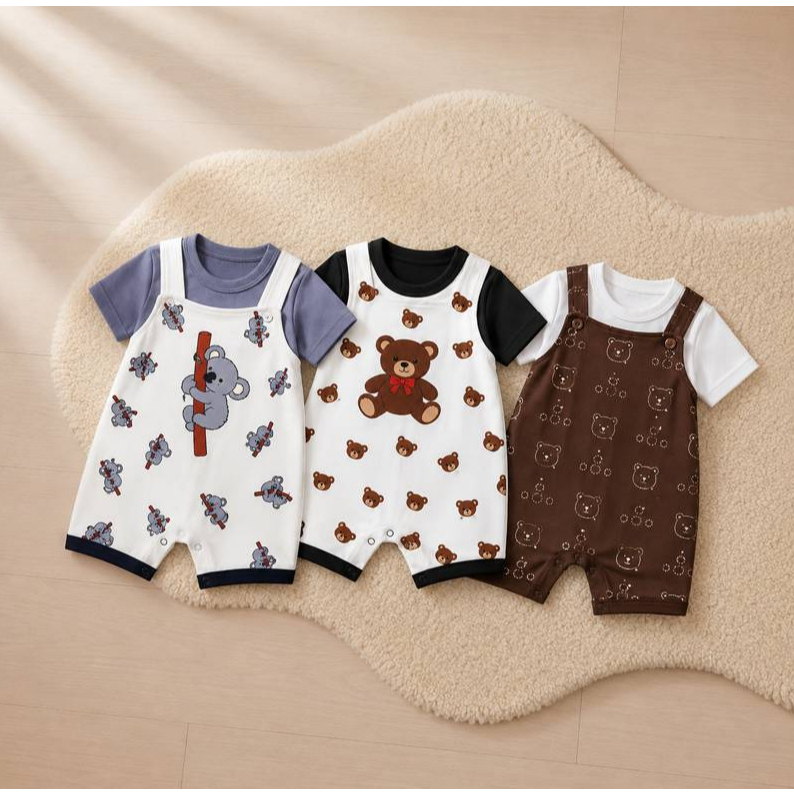 Kit 3,2,1 Conjunto Jardineira Macacão Bebê Menino Algodão Roupa Infantil Urso 0-3M