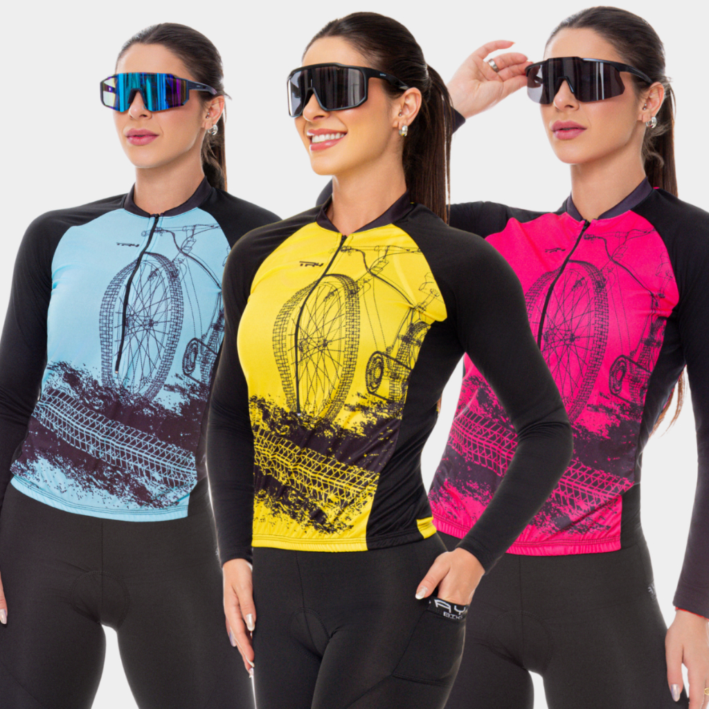 Camisa Ciclismo Feminina Bike Roda Manga Longa Blusa Inverno Frio Azul Rosa Amar