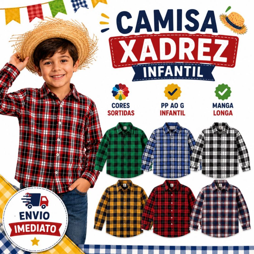 Blusa Camisa Xadrez Criança Festa Junina São João Manga Longa 1 Até 8 Anos Cores Sortidas