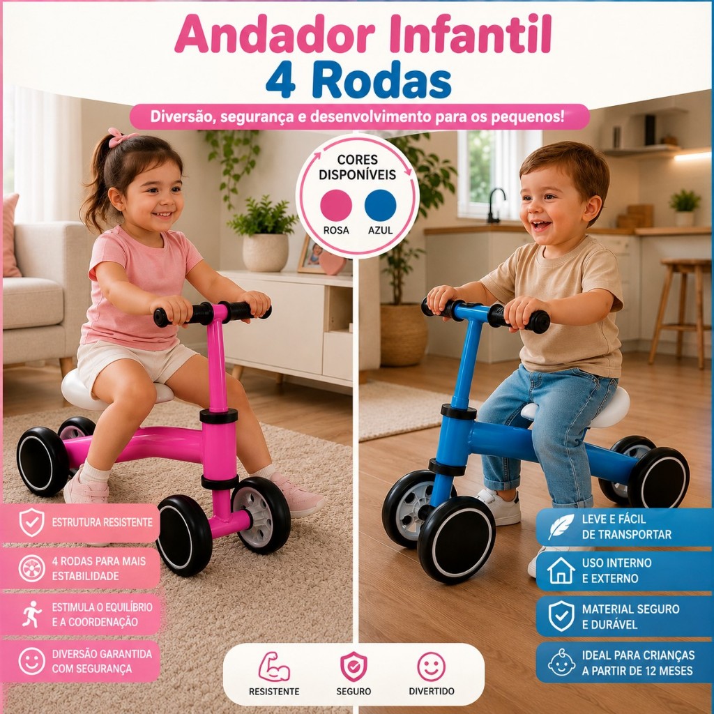 Bicicleta de Equilíbrio Segura 4 Rodas Sem Pedais Infantil, Andador com Freio Traseiro Ajustável para Crianças Pequenas